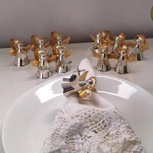 12 Vintage Brass & silver Napkin Ring Set Christmas angels (1 needs repair)